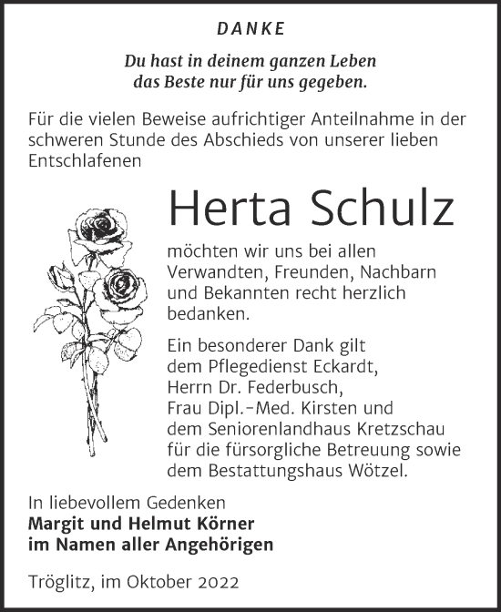 Traueranzeige von Herta Schulz von Trauerkombi Zeitz