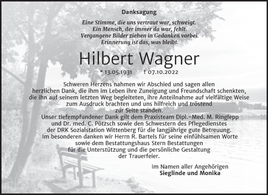 Traueranzeige von Hilbert Wagner von Trauerkombi Wittenberg