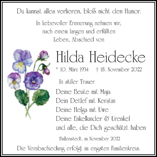 Traueranzeige von Hilda Heidecke von Trauerkombi Quedlinburg
