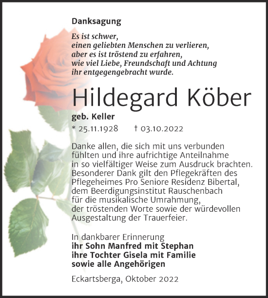 Traueranzeige von Hildegard Köber von Wochenspiegel Naumburg/Nebra