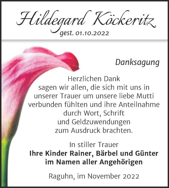 Traueranzeige von Hildegard Köckeritz von Trauerkombi Bitterfeld