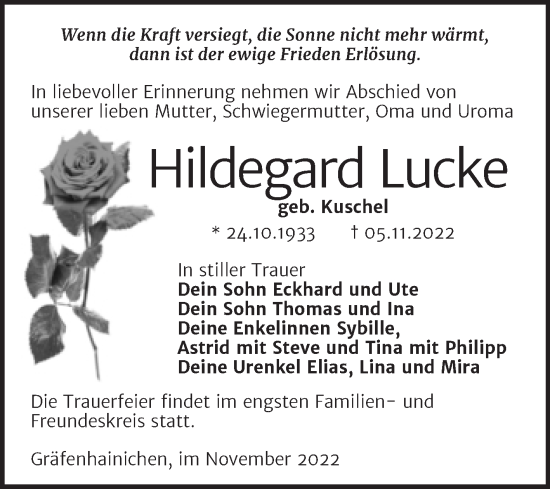 Traueranzeige von Hildegard Lucke von Trauerkombi Wittenberg