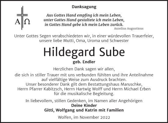 Traueranzeige von Hildegard Sube von Trauerkombi Bitterfeld
