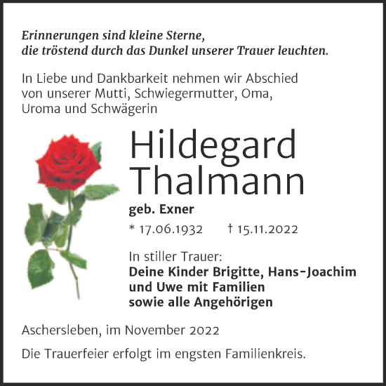 Traueranzeige von Hildegard Thalmann von Trauerkombi Aschersleben
