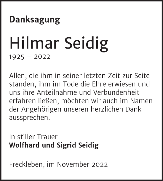 Traueranzeige von Hilmar Seidig von Trauerkombi Aschersleben