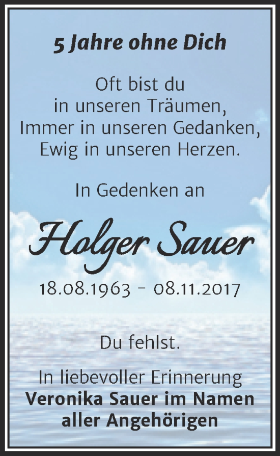 Traueranzeige von Holger Sauer von Super Sonntag Merseburg/Querfurt