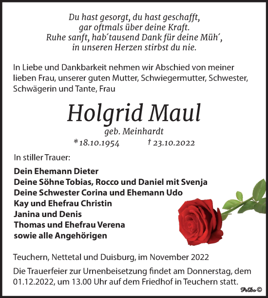 Traueranzeige von Holgrid Maul von Trauerkombi Weißenfels