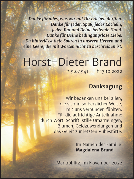 Traueranzeige von Horst-Dieter Brand von Trauerkombi Weißenfels