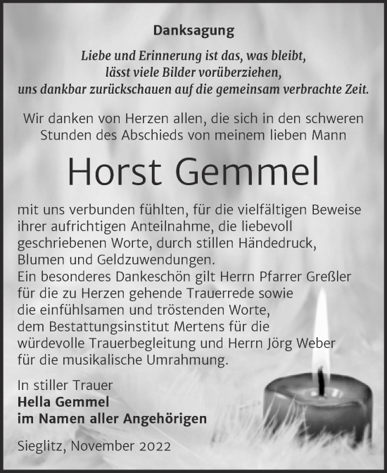 Traueranzeige von Horst Gemmel von Wochenspiegel Naumburg/Nebra