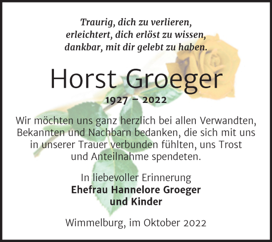 Traueranzeige von Horst Groeger von Trauerkombi Mansfelder Land