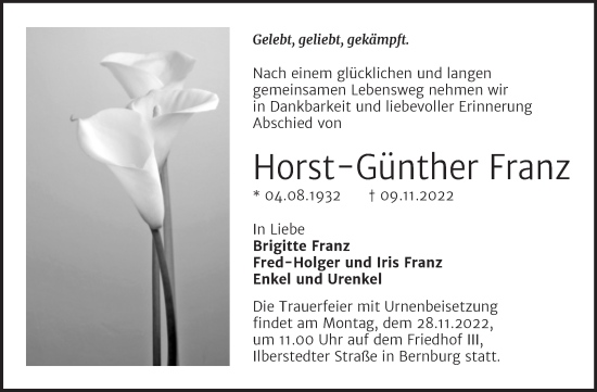 Traueranzeige von Horst-Günther Franz von Trauerkombi Bernburg