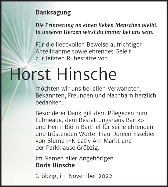 Traueranzeige von Horst Hinsche von Trauerkombi Köthen