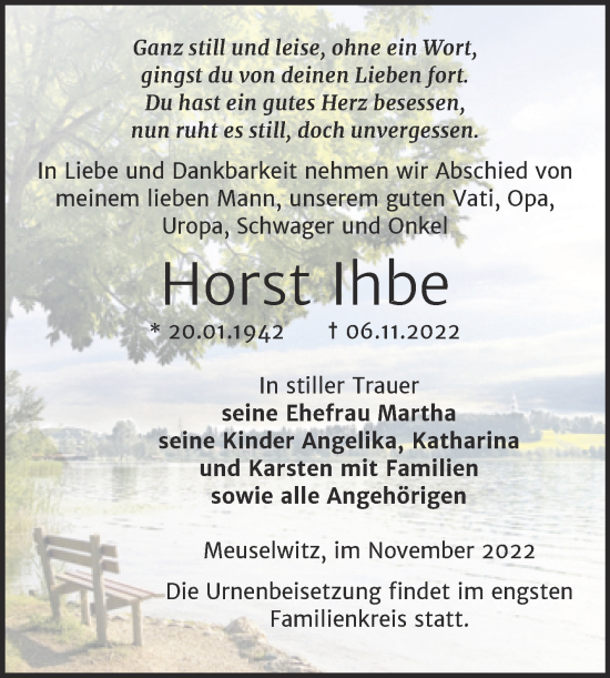 Traueranzeige von Horst Ihbe von Trauerkombi Zeitz