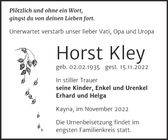 Traueranzeige von Horst Kley von Trauerkombi Zeitz