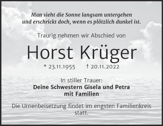 Traueranzeige von Horst Krüger von Trauerkombi Wittenberg