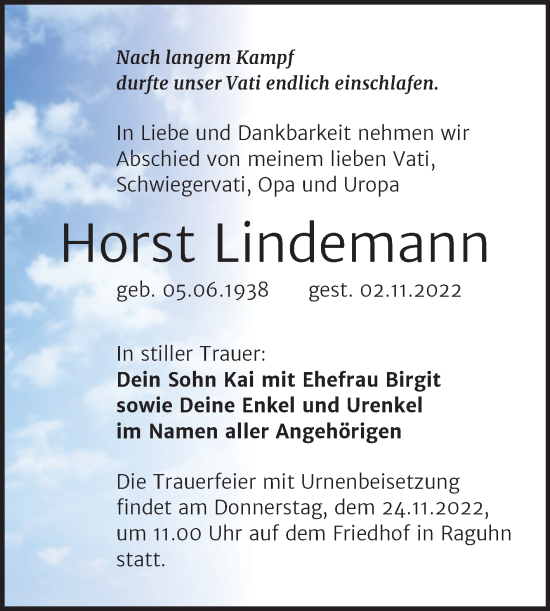 Traueranzeige von Horst Lindemann von Trauerkombi Bitterfeld