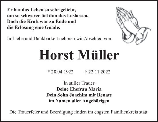 Traueranzeige von Horst Müller von Trauerkombi Bitterfeld