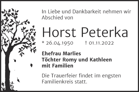 Traueranzeige von Horst Peterka von Trauerkombi Bitterfeld