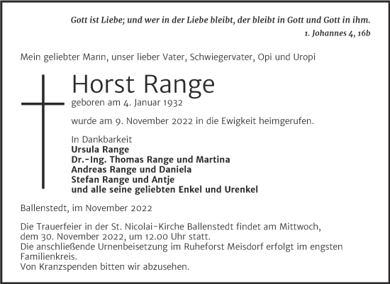 Traueranzeige von Horst Range von Trauerkombi Quedlinburg