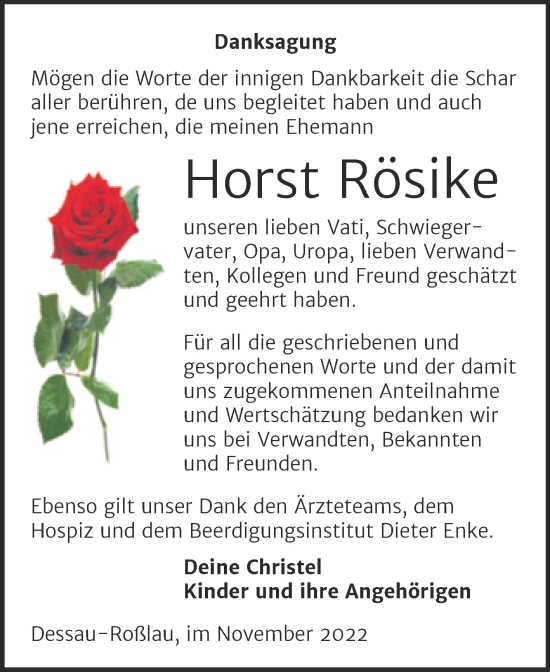 Traueranzeige von Horst Rösike von Trauerkombi Dessau
