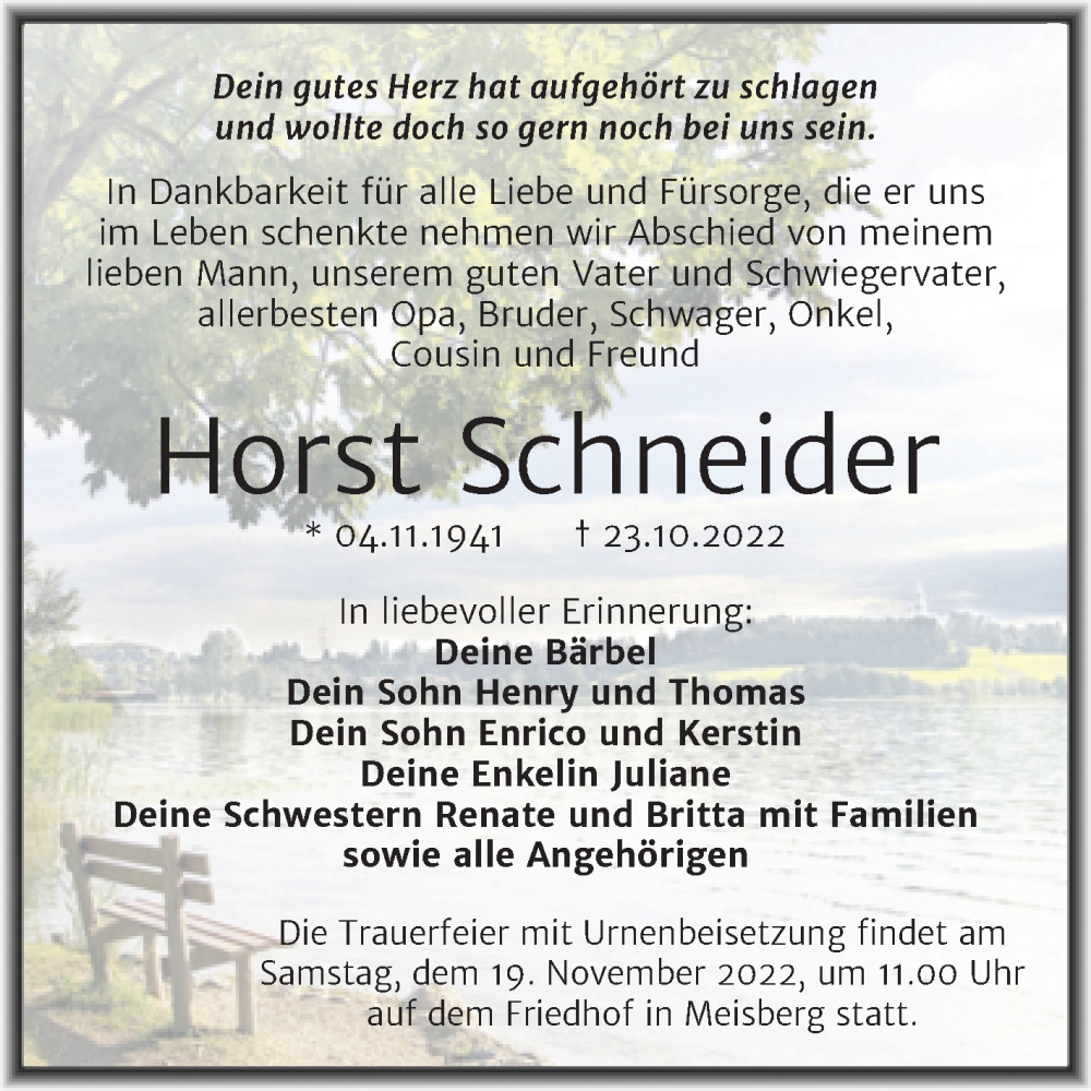  Traueranzeige für Horst Schneider vom 05.11.2022 aus Trauerkombi Mansfelder Land