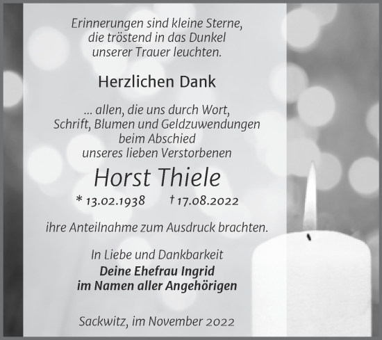 Traueranzeige von Horst Thiele von Trauerkombi Wittenberg