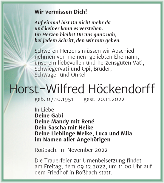 Traueranzeige von Horst-Wilfred Höckendorf Höckendorff von Trauerkombi Merseburg