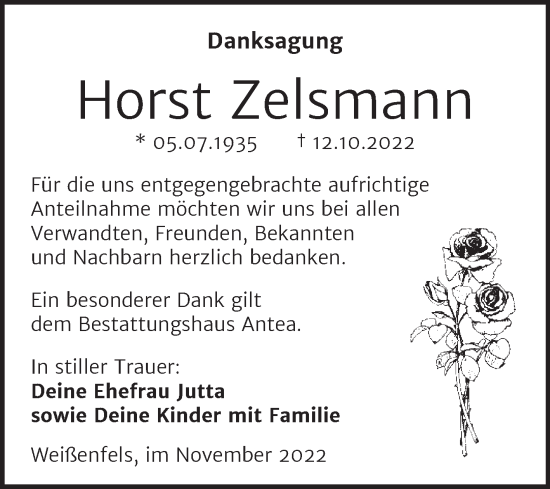 Traueranzeige von Horst Zelsmann von Trauerkombi Weißenfels