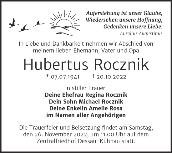 Traueranzeige von Hubertus Rocznik von Trauerkombi Dessau