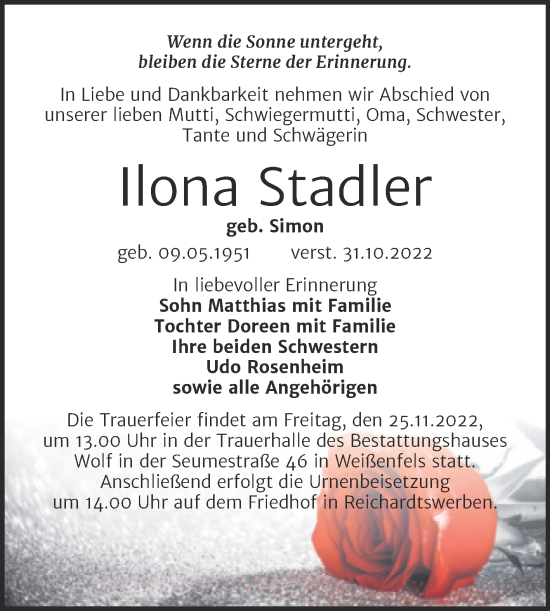 Traueranzeige von Ilona Stadler von Trauerkombi Weißenfels
