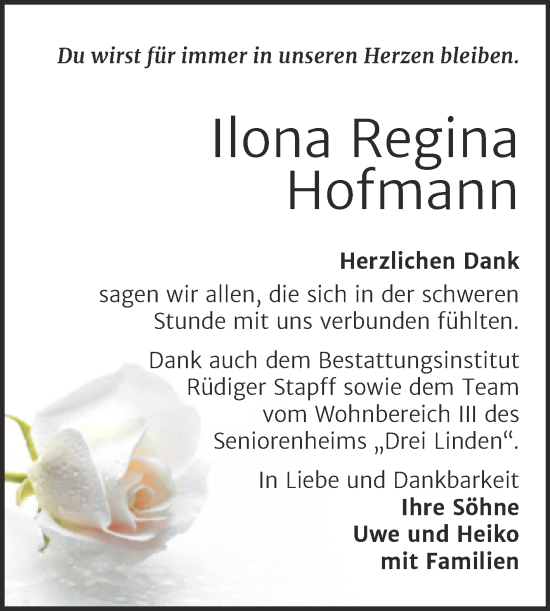Traueranzeige von Ilona Regina Hofmann von Trauerkombi Mansfelder Land