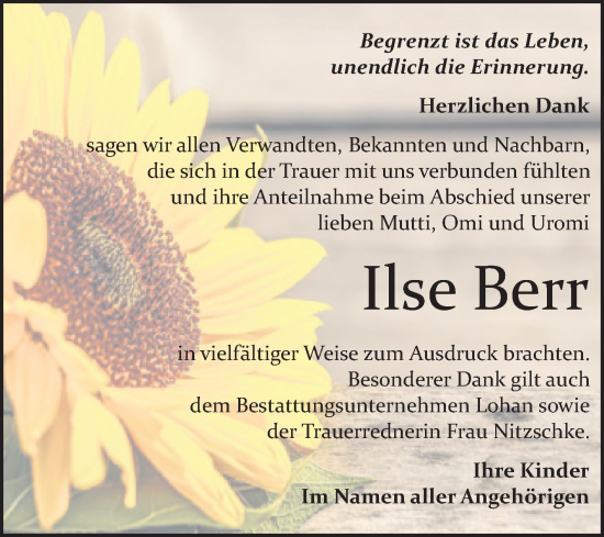 Traueranzeige von Ilse Berr von Trauerkombi Bitterfeld
