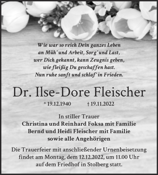 Traueranzeige von Ilse-Dore Fleischer von Wochenspiegel Sangerhausen