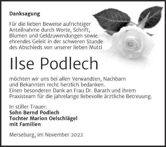 Traueranzeige von Ilse Podlech von Trauerkombi Merseburg