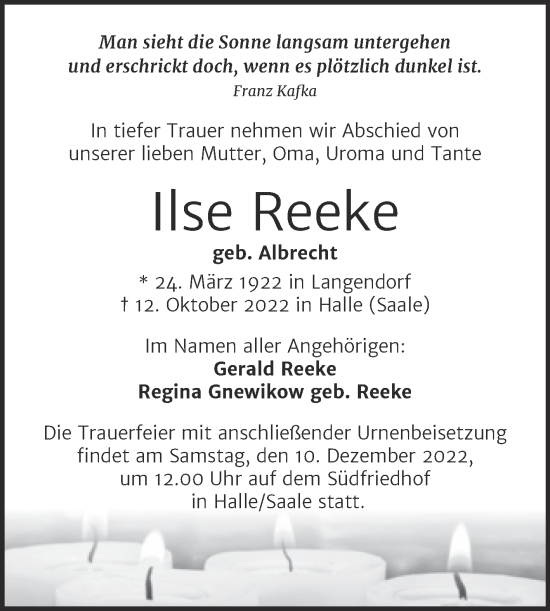 Traueranzeige von Ilse Reeke von Mitteldeutsche Zeitung Halle/Saalkreis