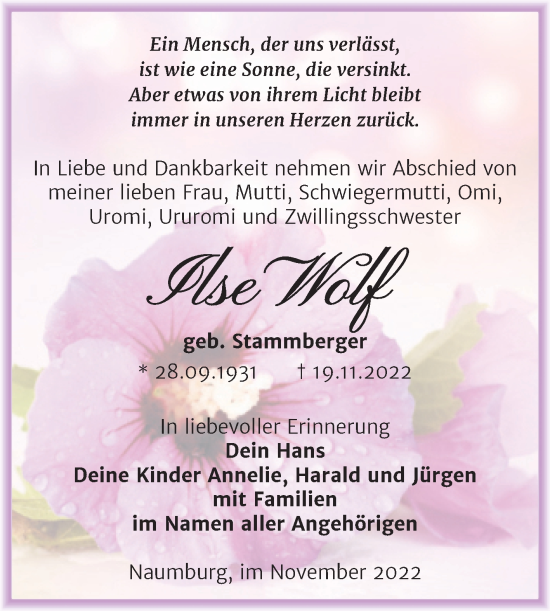 Traueranzeige von Ilse Wolf von Naumburger Tageblatt