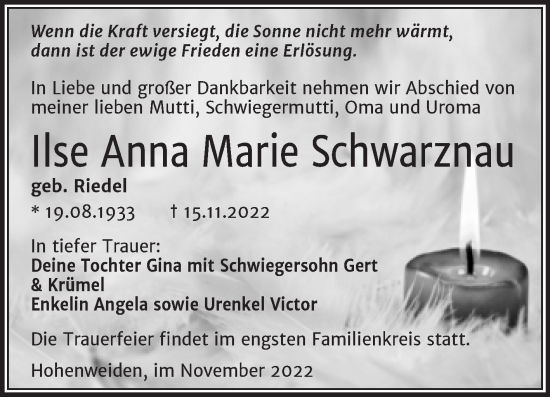 Traueranzeige von Ilse Anna Marie Schwarznau von Trauerkombi Merseburg