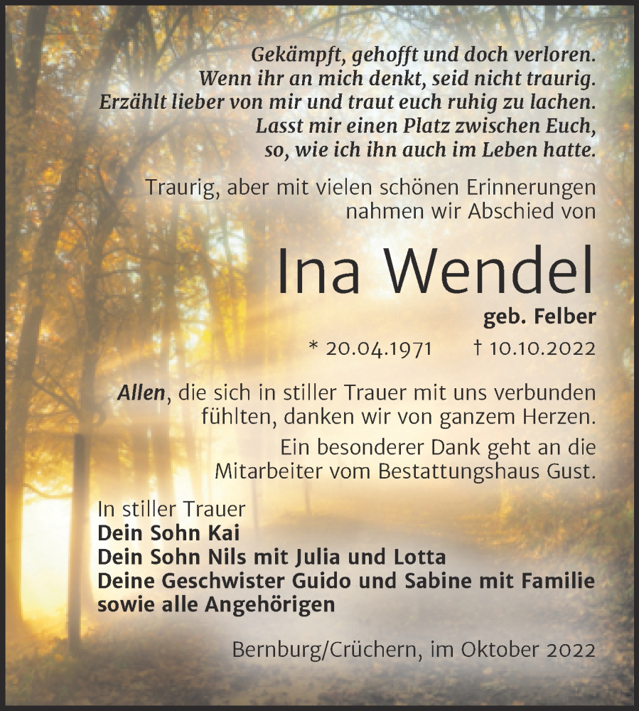  Traueranzeige für Ina Wendel vom 12.11.2022 aus Super Sonntag Bernburg