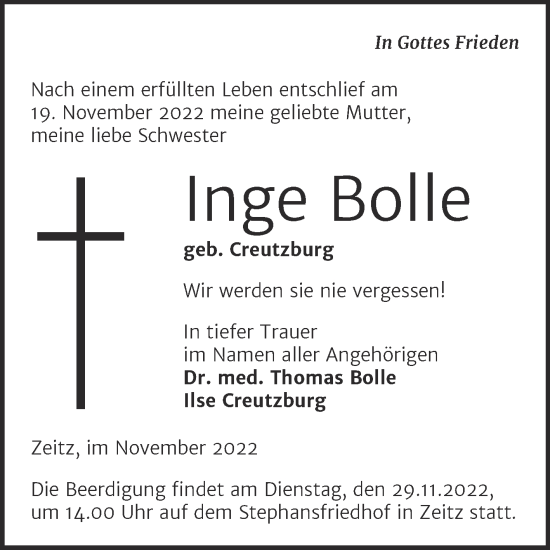 Traueranzeige von Inge Bolle von Trauerkombi Zeitz
