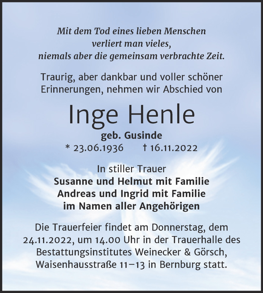  Traueranzeige für Inge Henle vom 19.11.2022 aus Mitteldeutsche Zeitung Bernburg