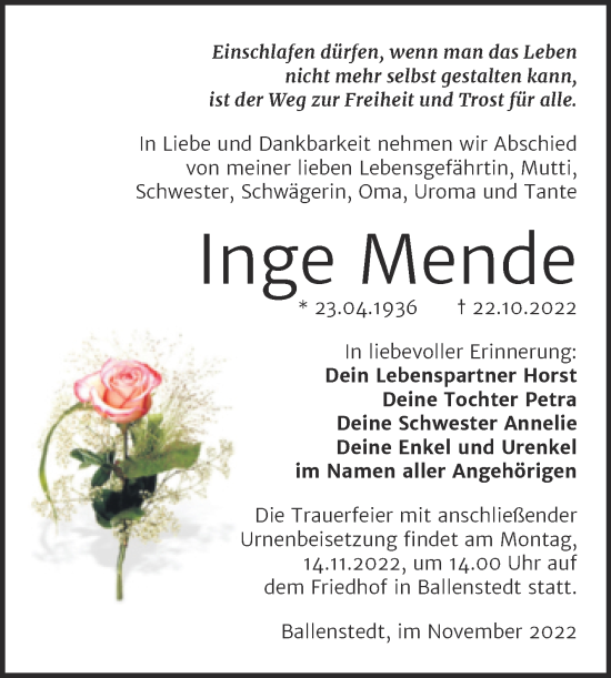 Traueranzeige von Inge Mende von Super Sonntag Quedlingburg