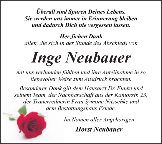 Traueranzeige von Inge Neubauer von Trauerkombi Dessau