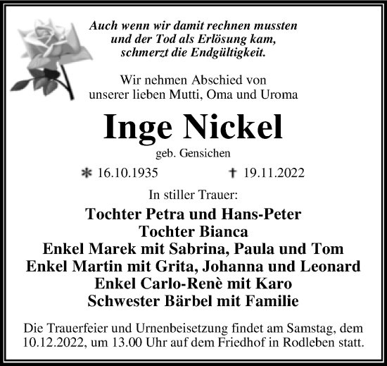 Traueranzeige von Inge Nickel von Trauerkombi Dessau