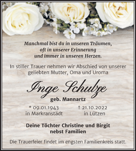 Traueranzeige von Inge Schulze von Trauerkombi Weißenfels