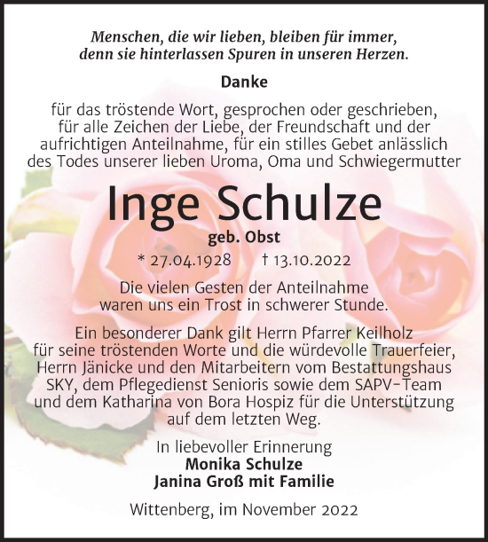 Traueranzeige von Inge Schulze von Trauerkombi Wittenberg