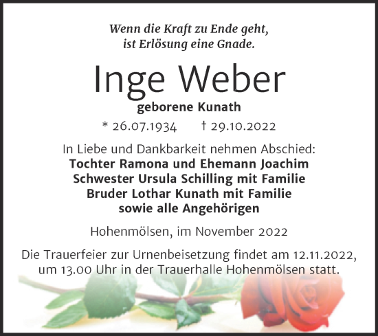 Traueranzeige von Inge Weber von Trauerkombi Weißenfels
