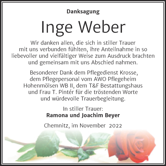 Traueranzeige von Inge Weber von Trauerkombi Weißenfels