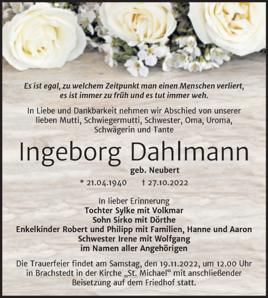 Traueranzeige von Ingeborg Dahlmann von Mitteldeutsche Zeitung Halle/Saalkreis