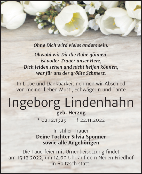 Traueranzeige von Ingeborg Lindenhahn von Trauerkombi Bitterfeld
