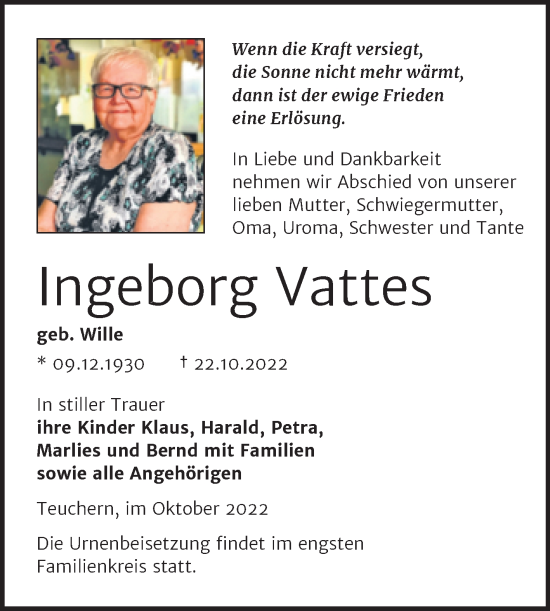 Traueranzeige von Ingeborg Vattes von Trauerkombi Weißenfels